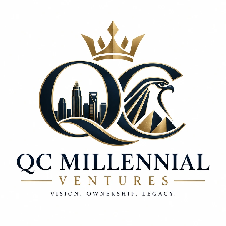 Official QC Millennial Ventures logo featuring a crown, Charlotte skyline, falcon, and pyramids